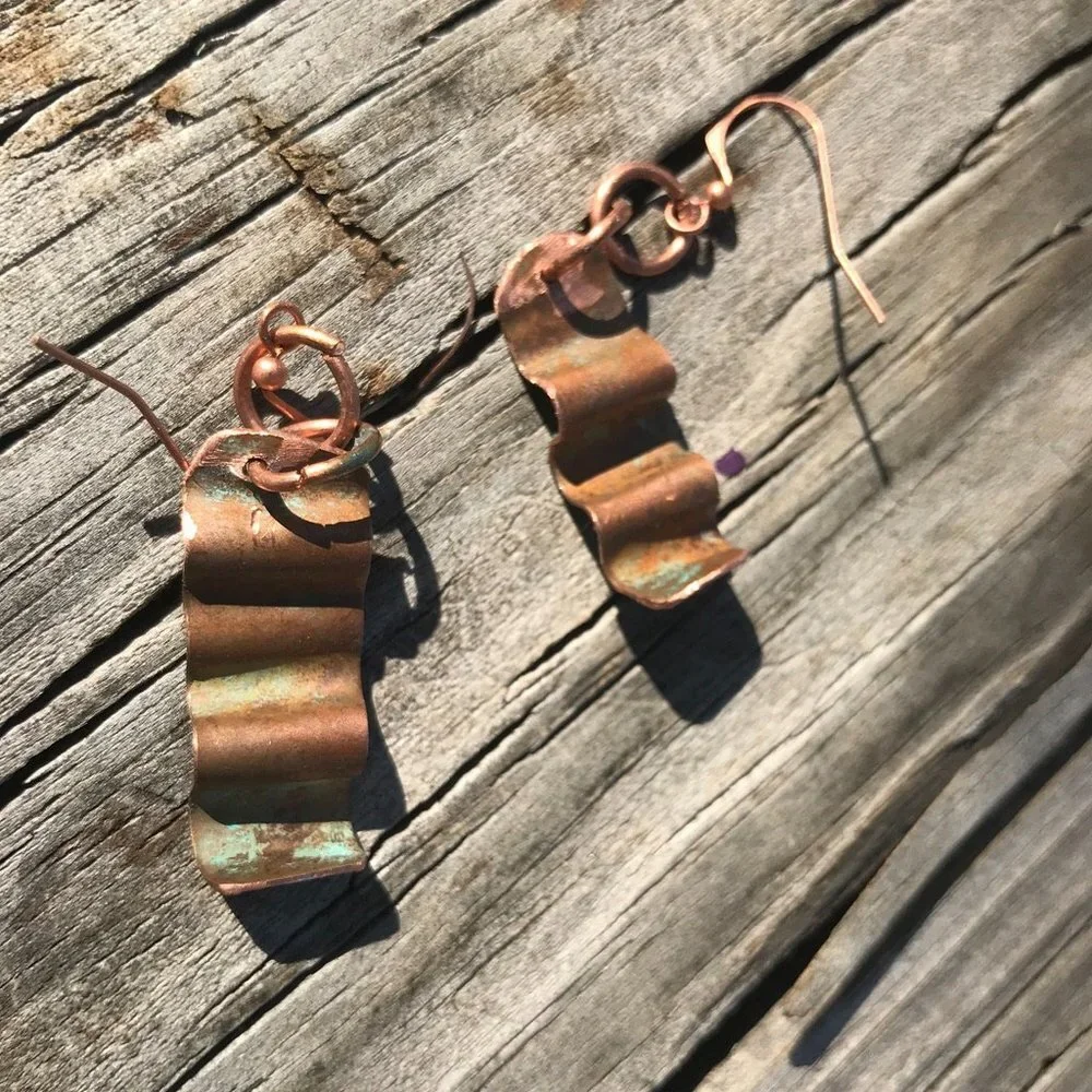 Solid Copper Patina Green Verdigris Earrings Drop Dangle Form Folded Brutalist